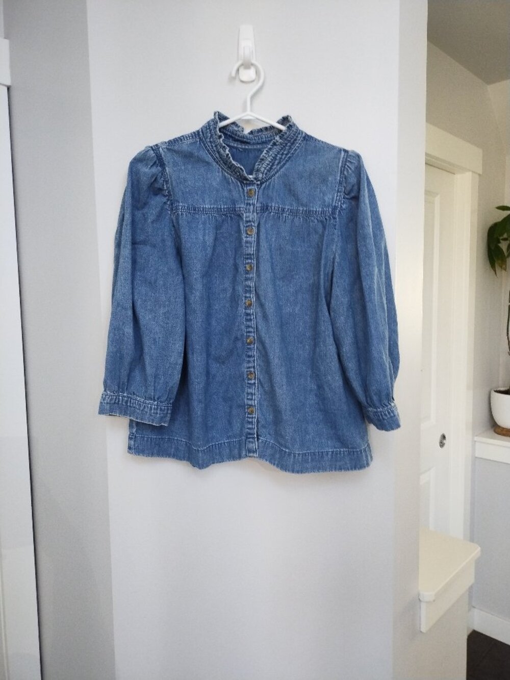 Soft Denim 3/4 puff sleeve with ruffle neckline